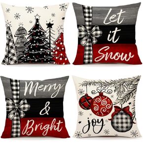 4TH Emotion Christmas Throw Pillow Covers 18 x 18 Inch Set of 4, Xmas Tree Winter Farmhouse Holiday Merry Bright Cushion Case for Home Couch Decoration S23C23