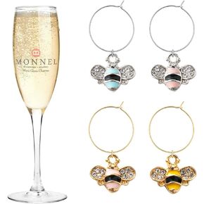 P524 Assorted Little Honey Bees Wine Charms Glass Markers Tags for Party Decorations with Velvet Bag- Set of 4