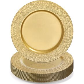 SOUJOY 12 Pack Plastic Gold Charger Plates, 13 Inch Dinner Plate, Leaf Trim Antique Charger Plate for Weddings, Parties, Anniversary, Thanksgiving, Christmas