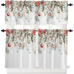 3 Pcs Kitchen Curtains Tiers and Valances Set, Christmas Eucalyptus Leaves Rod Pocket Short Window Treatment Xmas Poinsettia Flower Decor Curtains Panel and Valance for Kitchen Cafe Bathroom Kid Room