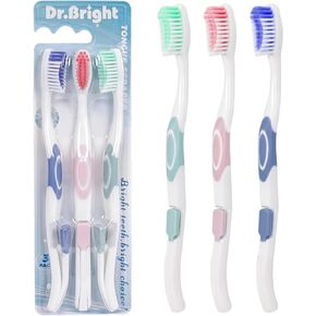 Tongue Scraper Medium Toothbrush, Medium Toothbrushes for Adults, Travel Toothbrush with Ergonomic Handle, Family Sharing kit, Assorted Colors, 3 Pack.