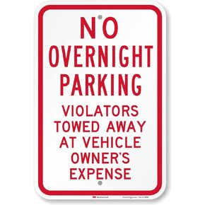 SmartSign 18 x 12 inch “No Overnight Parking - Violators Towed Away At Vehicle Owner's Expense" Metal Sign, 63 mil Aluminum, 3M Laminated Engineer Grade Reflective Material, Red and White