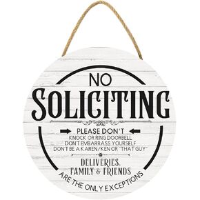 KPSheng No Soliciting Funny Sign For House, No Soliciting Please Do Not Knock Door Wood Sign for All Seasons Home Front Porch Door Decoration with Buffalo Plaid Bow,11inch by 11inch