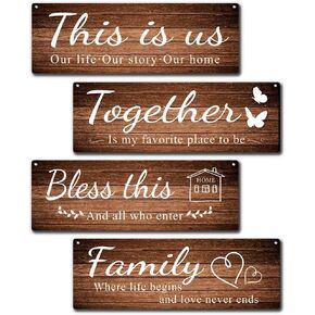 Zmyollo Family Wall Decor Sign, 4 Pieces Home Wooden Sign With Rope, This Is Us Together Bless This Family Wall Art Decor For Home Bedroom Living Room, Artwork Gifts For Family Friend Colleague, B10