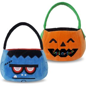 Set of 2pcs, Dia 11' Halloween Plush Pumpkin and Black Cat Basket Trick or Treat Bags Halloween Candy Bucket for Kids, Gift Bucket for Halloween Party Favor Supplies(Pumpkin&Cat)
