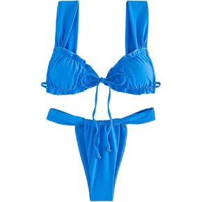 Women's Two Piece Swimsuits Frill Trim Tie Front Bathing Suit Wide Straps High Cut Sleeveless Bikini Sets