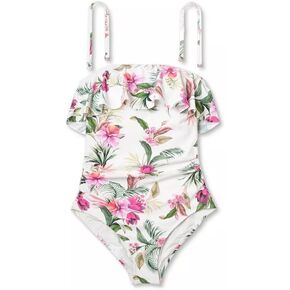 Women's Bandeau Flounce Front Ruched Full Coverage One Piece Swimsuit -
