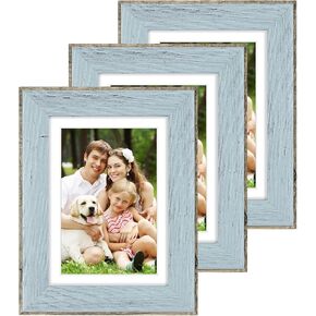Golden State Art, 11x14 Picture Frame Set of 3 - Blue Rustic Photo Frame with Mat for 8x10 - Farmhouse Gallery Wall Frames