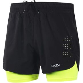 Lixada Men's 2-in-1 Running Shorts Quick Drying Breathable Active Training Exercise Jogging Cycling Shorts with Longer Liner & Reflective Elements, Black/Blue/Green/Grey