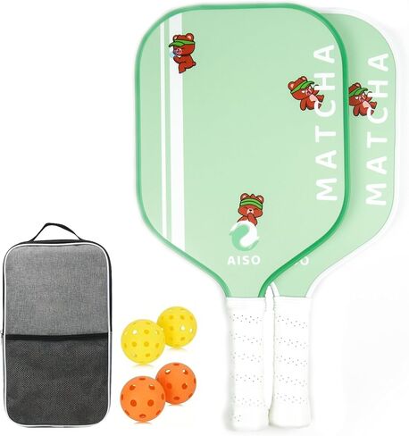 Aiso Matcha | Cute Pickleball Paddles Set of 2 | Premium Starter Set for Beginners with 4 Pickleballs and Portable Carry Bag | Lightweight & Durable Fiberglass with PP Honeycomb Core in Saudi Arabia