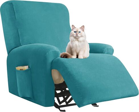 Deisy Dee 4-Piece, 1 Seat Recliner Cover, Soft Velvet Recliner Chair Covers- Stay-in-Place Slipcovers for Recliner Chair (Turqouise) in Saudi Arabia