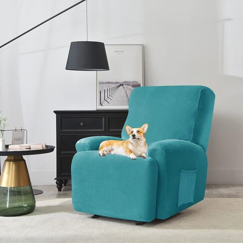 Deisy Dee 4-Piece, 1 Seat Recliner Cover, Soft Velvet Recliner Chair Covers- Stay-in-Place Slipcovers for Recliner Chair (Turqouise) in Saudi Arabia