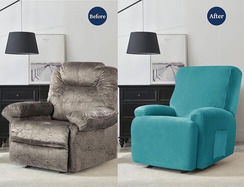 Deisy Dee 4-Piece, 1 Seat Recliner Cover, Soft Velvet Recliner Chair Covers- Stay-in-Place Slipcovers for Recliner Chair (Turqouise) in Saudi Arabia