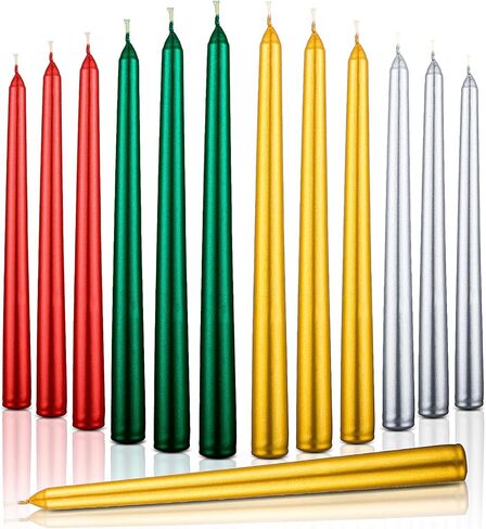 12 Pieces Christmas Taper Candles 10 Inch Tall Color Taper Candles Hand Poured Wax Candles Holiday Candles Dripless Taper for Christmas Wedding Birthday Celebration, Gold, Red, Silver, Green in Saudi Arabia