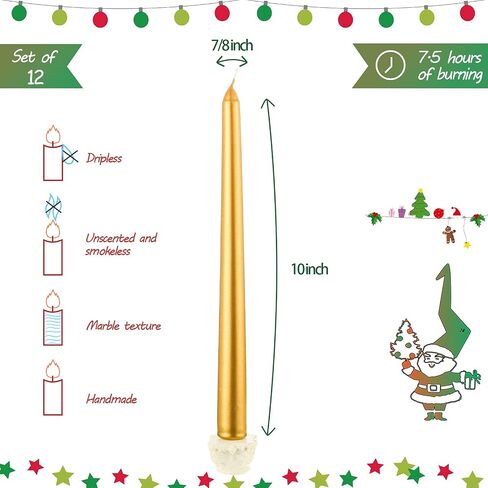 12 Pieces Christmas Taper Candles 10 Inch Tall Color Taper Candles Hand Poured Wax Candles Holiday Candles Dripless Taper for Christmas Wedding Birthday Celebration, Gold, Red, Silver, Green in Saudi Arabia