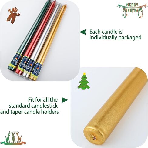 12 Pieces Christmas Taper Candles 10 Inch Tall Color Taper Candles Hand Poured Wax Candles Holiday Candles Dripless Taper for Christmas Wedding Birthday Celebration, Gold, Red, Silver, Green in Saudi Arabia