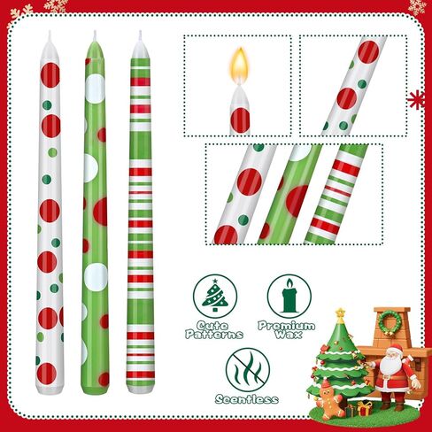 12 Pcs Christmas Taper Candles Green and Red Christmas Unscented Dripless Candlesticks Xmas Tall Candlesticks for Family Winter Holiday Party Dinner Table Decorations Gift in Kuwait