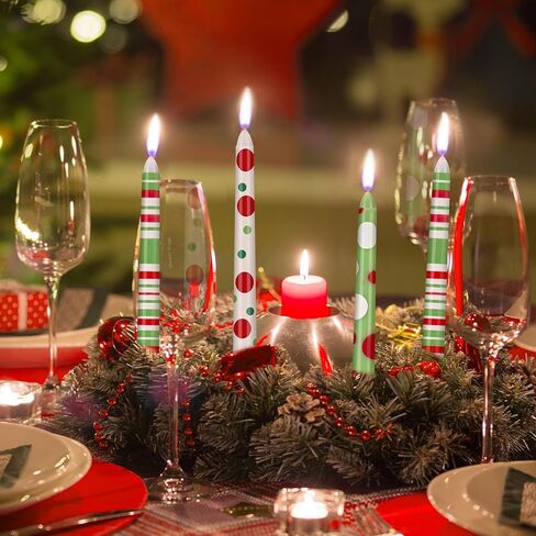 12 Pcs Christmas Taper Candles Green and Red Christmas Unscented Dripless Candlesticks Xmas Tall Candlesticks for Family Winter Holiday Party Dinner Table Decorations Gift in Kuwait