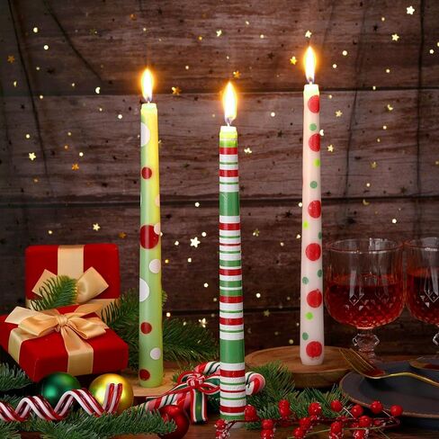 12 Pcs Christmas Taper Candles Green and Red Christmas Unscented Dripless Candlesticks Xmas Tall Candlesticks for Family Winter Holiday Party Dinner Table Decorations Gift in Kuwait