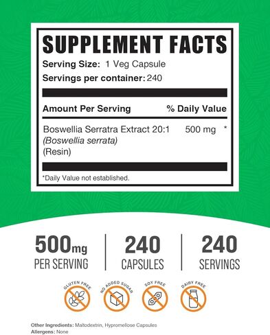 BulkSupplements.com كبسولات مستخلص Boswellia Serrata - كبسولات Boswellia Serrata - مكمل Boswellia Serrata، خالي من الغلوتين، كبسولة واحدة لكل وجبة، 240 كبسولة نباتية (عبوة من 1) in Kuwait