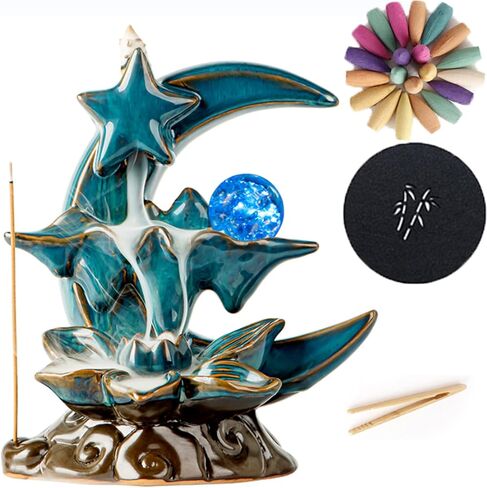 Backflow Incense Burner, Moon Waterfall Incense Burner with 100 Incense Cones, Ceramic Sticks Holders for Aromatherapy Ornament, Zen, Home Decor. in Saudi Arabia