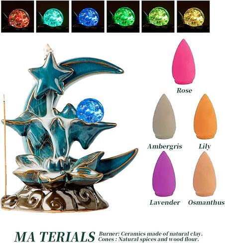 Backflow Incense Burner, Moon Waterfall Incense Burner with 100 Incense Cones, Ceramic Sticks Holders for Aromatherapy Ornament, Zen, Home Decor. in Saudi Arabia