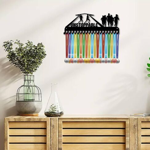 CREATCABIN Running Medal Hanger Display Medal Holder Frame Rack Unstoppable Sports Hanging Athlete Awards Iron Wall Mount Decor with 20 Hooks for Run Marathon Competition Medalist 15.7x5.9Inch in Saudi Arabia