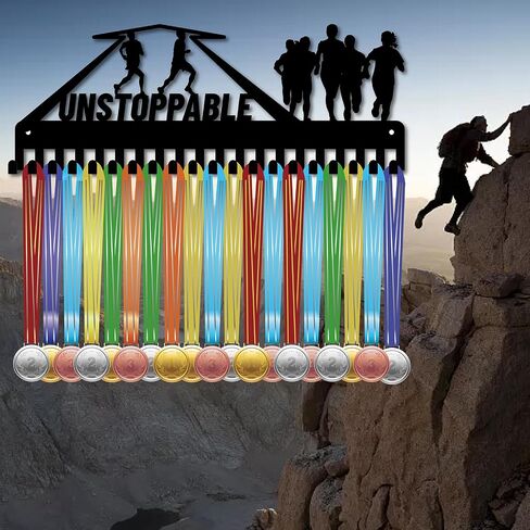 CREATCABIN Running Medal Hanger Display Medal Holder Frame Rack Unstoppable Sports Hanging Athlete Awards Iron Wall Mount Decor with 20 Hooks for Run Marathon Competition Medalist 15.7x5.9Inch in Saudi Arabia
