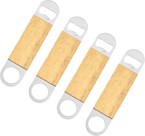 فتاحة زجاجات بيرة خشبية - 4 قطع فتاحة زجاجات مسطحة من الفولاذ المقاوم للصدأ بمقبض خشبي يناسب الاستخدام المنزلي للمطبخ - فتاحة زجاجات النادل - (1.26 بوصة × 0.51 بوصة، لون خشبي) in Kuwait