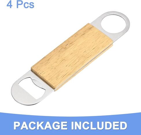 فتاحة زجاجات بيرة خشبية - 4 قطع فتاحة زجاجات مسطحة من الفولاذ المقاوم للصدأ بمقبض خشبي يناسب الاستخدام المنزلي للمطبخ - فتاحة زجاجات النادل - (1.26 بوصة × 0.51 بوصة، لون خشبي) in Kuwait
