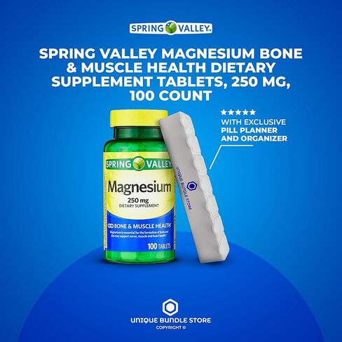 Unique Bundle Store Spring Valley، مغنيسيوم 250 مجم، 100 قرص، صحة العظام والعضلات، أقراص المغنيسيوم، مكمل غذائي + منظم حبوب منع الحمل لمدة 7 أيام (عبوة من قطعة واحدة) in Kuwait