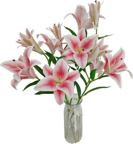 Artificial Lily Flowers,4 Pcs Faux Lily Flowers,32.5 Inch Long Stem Tiger Lily Branch with 2 Full Blooms and 1 Bud, Latex Real Touch Lilium Flower for Wedding Bouquet (4, Pink) in Kuwait
