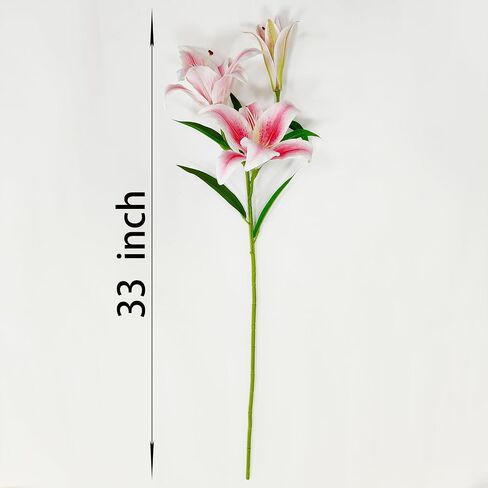 Artificial Lily Flowers,4 Pcs Faux Lily Flowers,32.5 Inch Long Stem Tiger Lily Branch with 2 Full Blooms and 1 Bud, Latex Real Touch Lilium Flower for Wedding Bouquet (4, Pink) in Kuwait