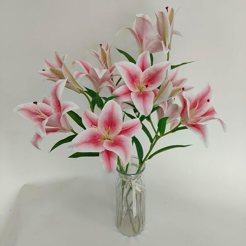 Artificial Lily Flowers,4 Pcs Faux Lily Flowers,32.5 Inch Long Stem Tiger Lily Branch with 2 Full Blooms and 1 Bud, Latex Real Touch Lilium Flower for Wedding Bouquet (4, Pink) in Kuwait