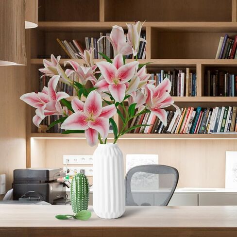 Artificial Lily Flowers,4 Pcs Faux Lily Flowers,32.5 Inch Long Stem Tiger Lily Branch with 2 Full Blooms and 1 Bud, Latex Real Touch Lilium Flower for Wedding Bouquet (4, Pink) in Kuwait