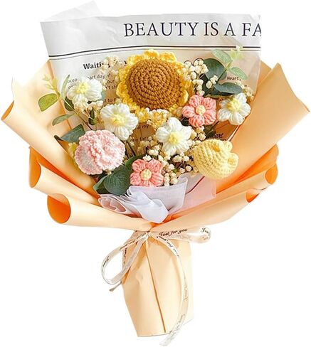 BSRTOP Completed Crochet Flower Bouquet: Artificial Flower Handmade Knitted Sunflower Bouquet for Festival Wedding Anniversary Thanksgiving in Saudi Arabia