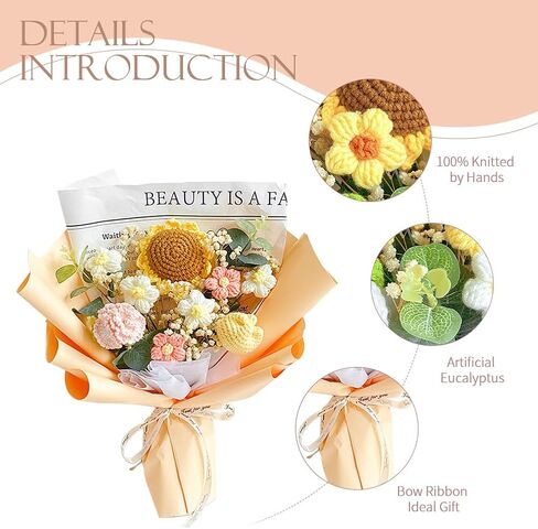 BSRTOP Completed Crochet Flower Bouquet: Artificial Flower Handmade Knitted Sunflower Bouquet for Festival Wedding Anniversary Thanksgiving in Saudi Arabia