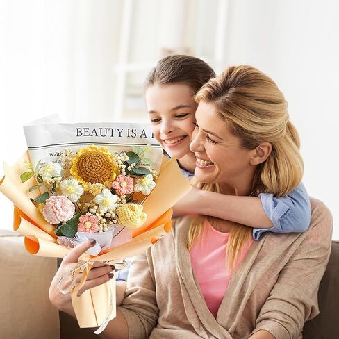 BSRTOP Completed Crochet Flower Bouquet: Artificial Flower Handmade Knitted Sunflower Bouquet for Festival Wedding Anniversary Thanksgiving in Saudi Arabia