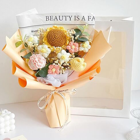 BSRTOP Completed Crochet Flower Bouquet: Artificial Flower Handmade Knitted Sunflower Bouquet for Festival Wedding Anniversary Thanksgiving in Saudi Arabia