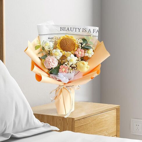 BSRTOP Completed Crochet Flower Bouquet: Artificial Flower Handmade Knitted Sunflower Bouquet for Festival Wedding Anniversary Thanksgiving in Saudi Arabia