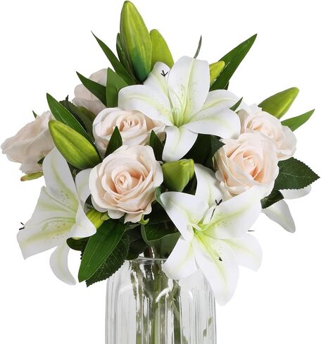 Artificial Flowers 10pcs Champagne Velvet Roses and White Tiger Lily Fake Fowers Bouquet Faux Flowers Decor for Floral Arrangements Home Wedding Centerpiece Valentine's Day (Champagne, White) in Saudi Arabia