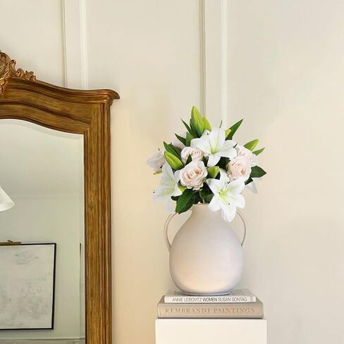 Artificial Flowers 10pcs Champagne Velvet Roses and White Tiger Lily Fake Fowers Bouquet Faux Flowers Decor for Floral Arrangements Home Wedding Centerpiece Valentine's Day (Champagne, White) in Saudi Arabia