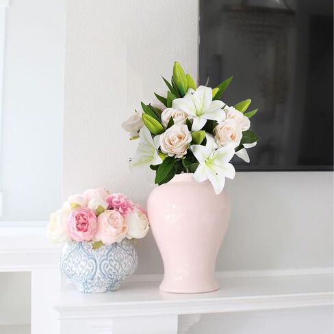 Artificial Flowers 10pcs Champagne Velvet Roses and White Tiger Lily Fake Fowers Bouquet Faux Flowers Decor for Floral Arrangements Home Wedding Centerpiece Valentine's Day (Champagne, White) in Saudi Arabia