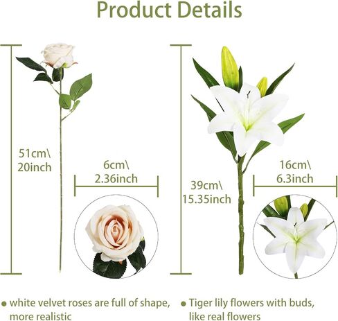 Artificial Flowers 10pcs Champagne Velvet Roses and White Tiger Lily Fake Fowers Bouquet Faux Flowers Decor for Floral Arrangements Home Wedding Centerpiece Valentine's Day (Champagne, White) in Saudi Arabia