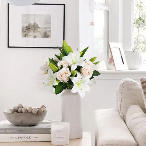 Artificial Flowers 10pcs Champagne Velvet Roses and White Tiger Lily Fake Fowers Bouquet Faux Flowers Decor for Floral Arrangements Home Wedding Centerpiece Valentine's Day (Champagne, White) in Saudi Arabia