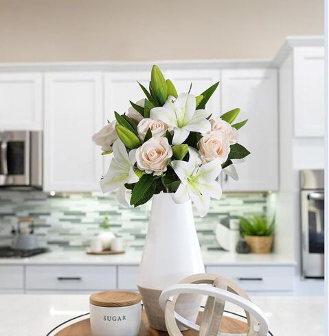 Artificial Flowers 10pcs Champagne Velvet Roses and White Tiger Lily Fake Fowers Bouquet Faux Flowers Decor for Floral Arrangements Home Wedding Centerpiece Valentine's Day (Champagne, White) in Saudi Arabia