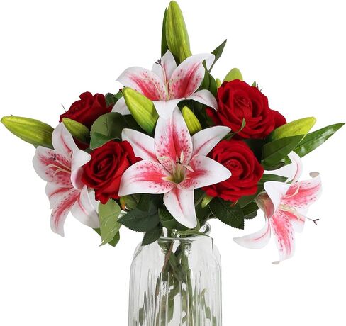 Artificial Flowers 10pcs Champagne Velvet Roses and White Tiger Lily Fake Fowers Bouquet Faux Flowers Decor for Floral Arrangements Home Wedding Centerpiece Valentine's Day (Champagne, White) in Saudi Arabia