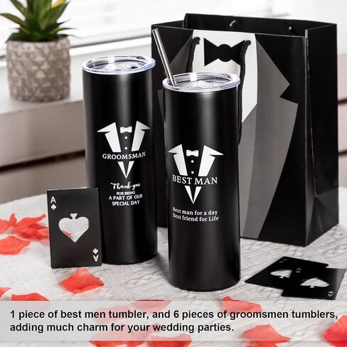 مجموعة هدايا Yeaqee Groomsmen مكونة من 7 هدايا لحفلات الزفاف تتضمن أكياس وكوب من الفولاذ المقاوم للصدأ مع بطاقة البوكر وفتاحة زجاجات البيرة وغطاء فريق العريس لحفلات الزفاف والخطوبة وحفلات البكالوريوس (كلاسيكية، 21 قطعة) in Saudi Arabia