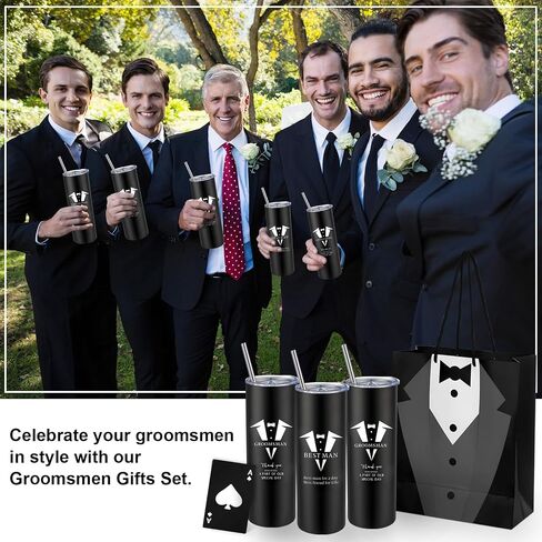 مجموعة هدايا Yeaqee Groomsmen مكونة من 7 هدايا لحفلات الزفاف تتضمن أكياس وكوب من الفولاذ المقاوم للصدأ مع بطاقة البوكر وفتاحة زجاجات البيرة وغطاء فريق العريس لحفلات الزفاف والخطوبة وحفلات البكالوريوس (كلاسيكية، 21 قطعة) in Saudi Arabia