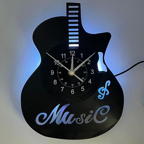 Guitar Vinyl Record Wall Clock LED Night Light Clock, Changing Night Lamp Clock Silent Clock Handmade Home Wall Decor, for Home Christmas Halloween Party Decoration, 12 Inch, SW011 in Saudi Arabia